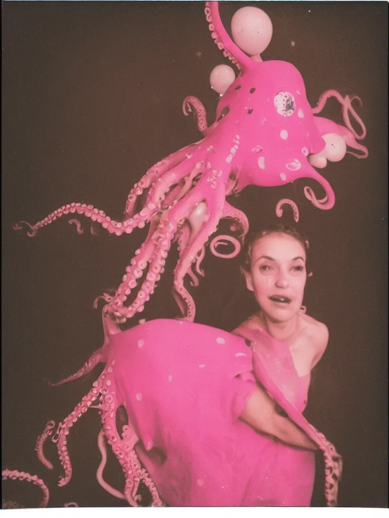 Image similar to Polaroid of an octopus in a pink polkadot dress at her high school prom, portrait by David friedric