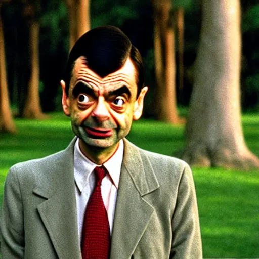 Prompt: mr. bean as forest gump. movie still. cinematic lighting.