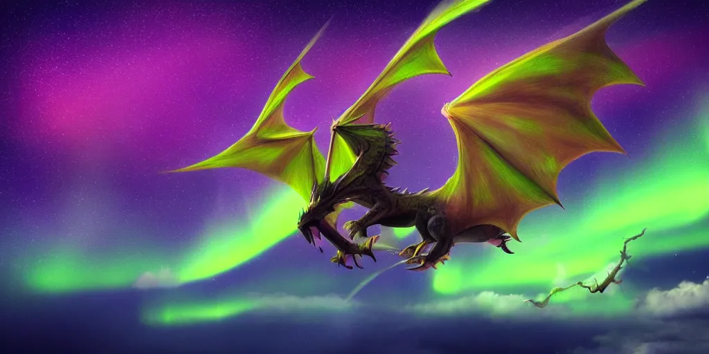 Prompt: Dragon flying across a aurora borealis sky, digital art, trending on Artstation, lightning