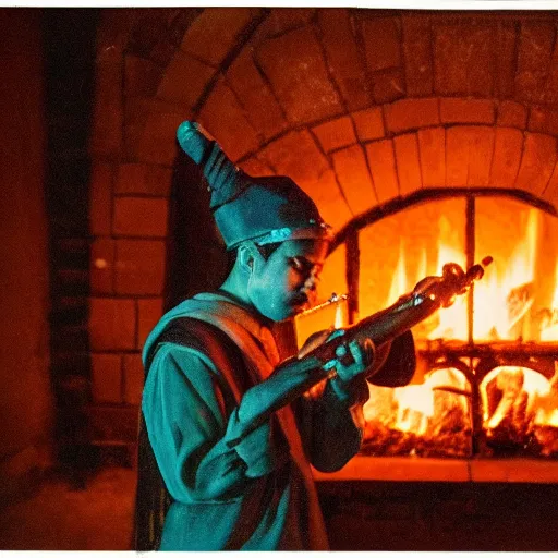 Image similar to a close up portrait of a wizard playing the flute, fireplace lighting, nighttime, kodak vision 5 0 0 t