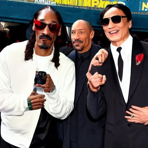 Prompt: a picture of the rock, snoop Dogg and Jackie Chan posing together for the camera