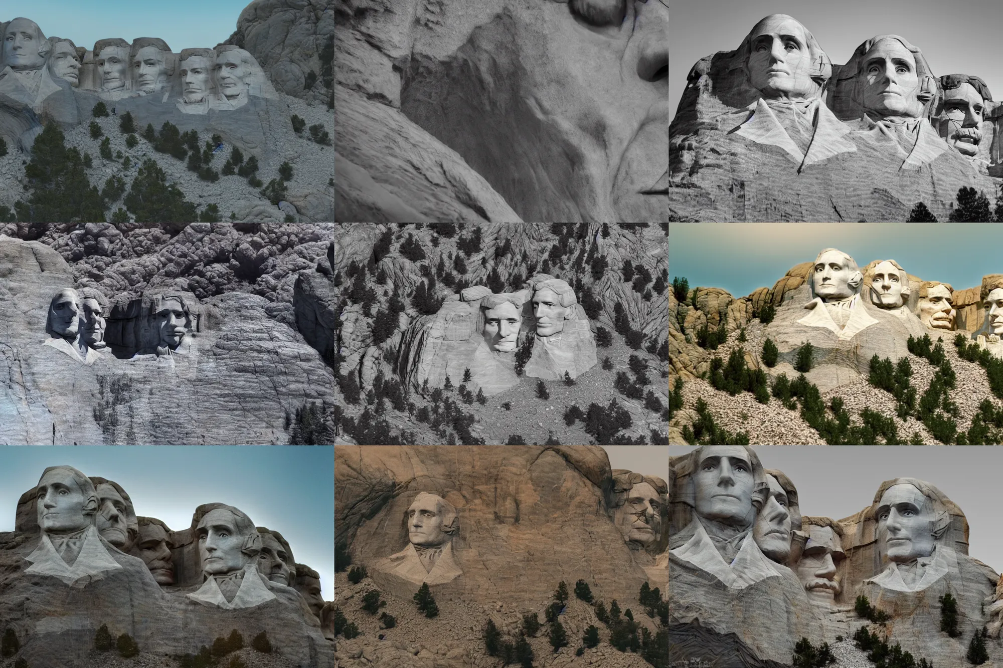 Prompt: wide angle view, random mammal heads on mount rushmore monument, photorealistic, concept art, digital art, insane details, daylight, tele photo lens, octane render, 8 k