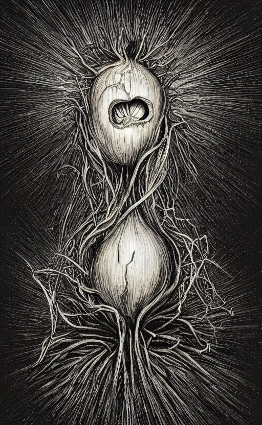 Prompt: portrait of lovecraftian onion with an mouth in the middle of it, surrounded by beams of light dark background by wayne barlow, stanley donwood, anton semenov, zdzislaw bekinski, hr giger, 8 k, fantasy, dark, highly detailed