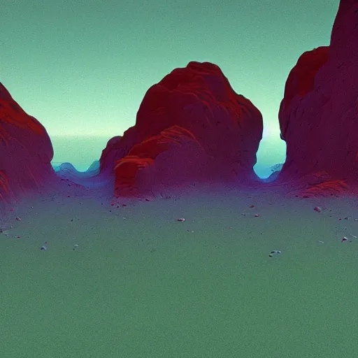 Image similar to A beautiful landscape, by Moebius and Beeple, chromostereopsis