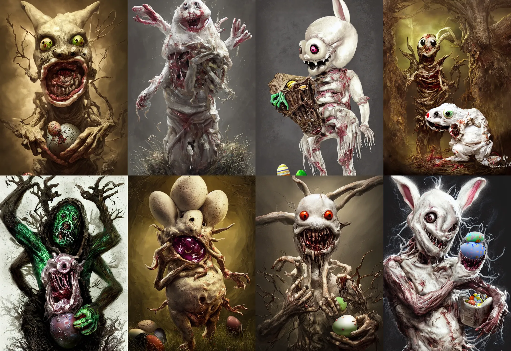 Prompt: a nightmarish slimy monster white easter bunny, with black eyes, rotting flesh, exposed bone, holding easter eggs, by neville page, concept art, dramatic lighting, highly detailed digital painting