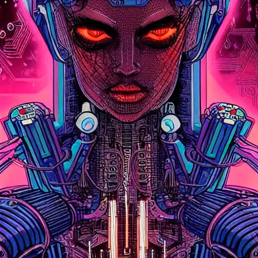 Prompt: a portrait of a beautiful cybernetic woman connected to a synthesizer from hell, wires, cyberpunk concept art by josan gonzales and philippe druillet