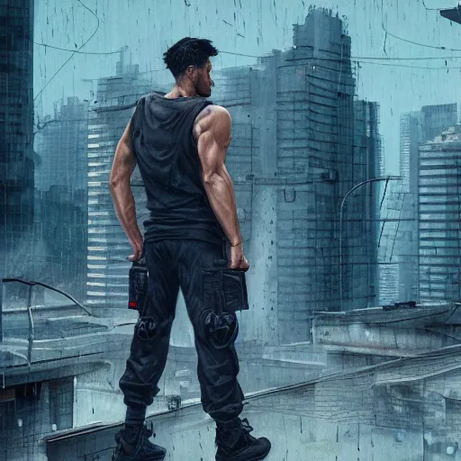 Image similar to A broad shouldered, muscular man wearing Acronym p-31 Ds pants and Sleeveless shirt and Nike Acronym presto sneakers, rooftop, sniper rifle stationed in background, Police sirens shining in far background, high quality, digital art, dirty cyberpunk city, rain, greg rutkowski