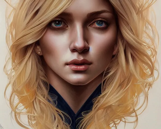 Image similar to portrait of blonde girl with mutiple heads, jump suit, vivid eyes, real life skin, intricate, elegant, highly detailed, artstation, concept art, smooth, sharp focus, art by artgerm and greg rutkowski and alphonse mucha