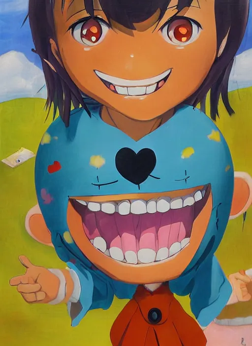 Prompt: an oil panting of a anime girl caricature with a big dumb grin featured on Nickelodeon by Quentin Matsys