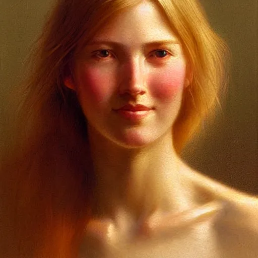 Image similar to Facial portrait of a cute shy woman, looking away from the camera, shy smile, mouth slightly open, lips slightly parted, long blond hair, no hands visible,, intricate, extremely detailed painting by Henry Justice Ford and by Greg Rutkowski and by Moebius, golden hour