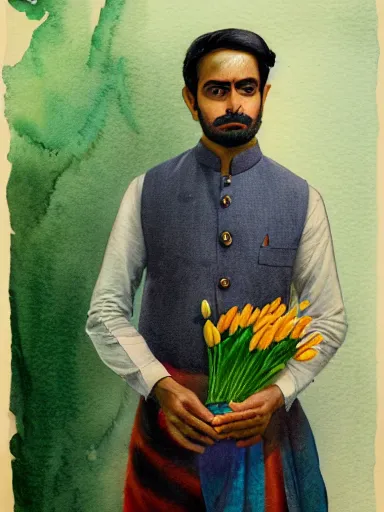 Prompt: water color painting, artwork by raja ravi varma, of a solo individual portrait of an indian guy holding lilies, dapper, simple illustration, domestic, nostalgic, full of details, matte painting, trending on artstation and unreal engine