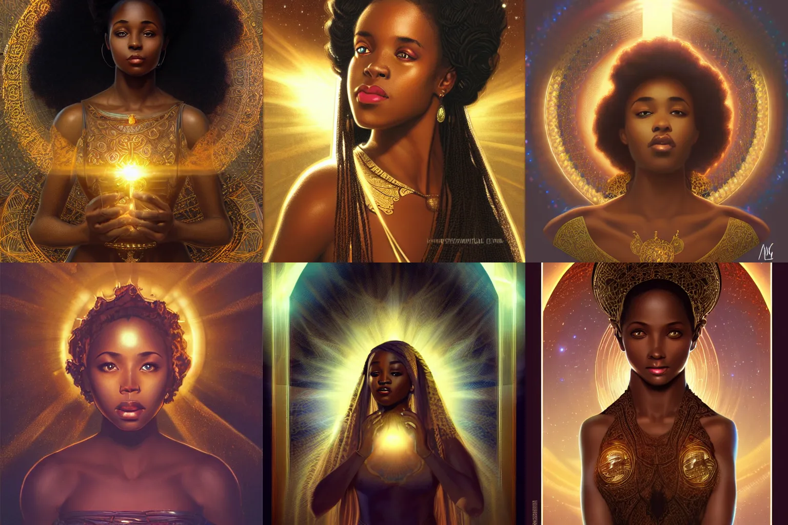 Prompt: black african princess, warm volumetric lighting, cosmic, symmetric, highly detailed, elegant, concept art, heavenly, god rays, golden glow, intricate, sharp focus, illustration, alexandros pyromallis, bouguereau, rutkowski, artgerm, alphonse mucha