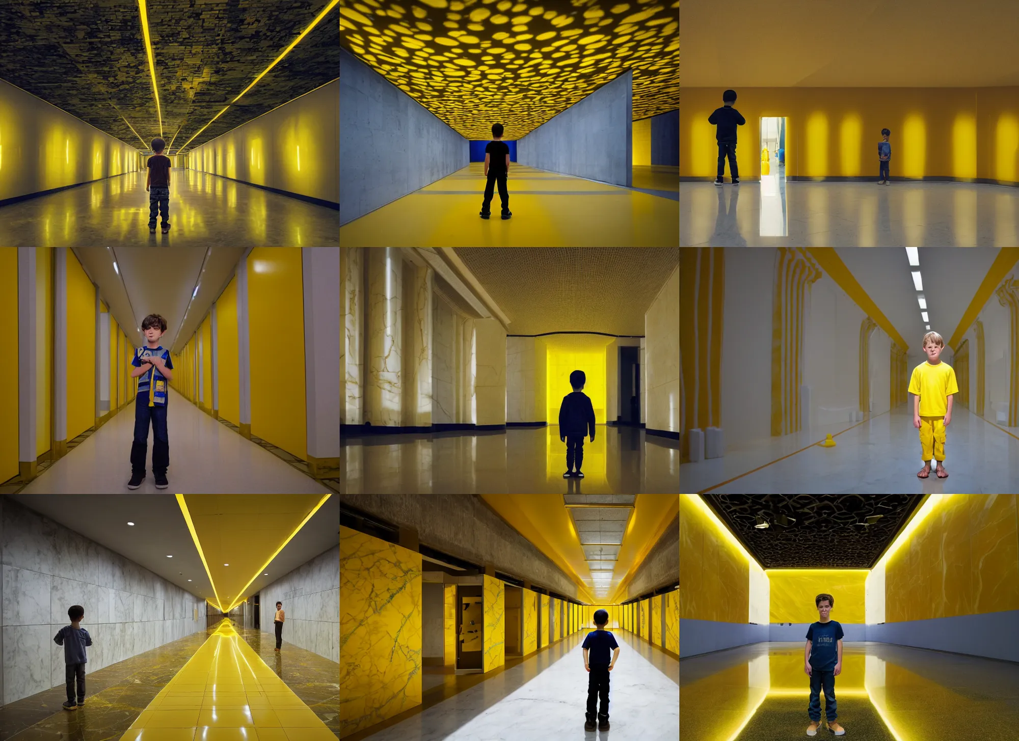 Prompt: a boy standing in the middle of a yellow marble corridor, lit with yellow fluorescent lights, interior, architecture, IMAX