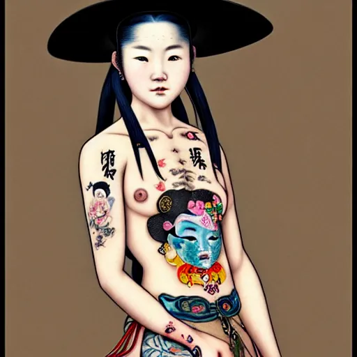 Prompt: full view of a girl from the qing dynasty with tattoos, wearing an american cowboy hat from the old west, style of yoshii chie and hikari shimoda and martine johanna, highly detailed