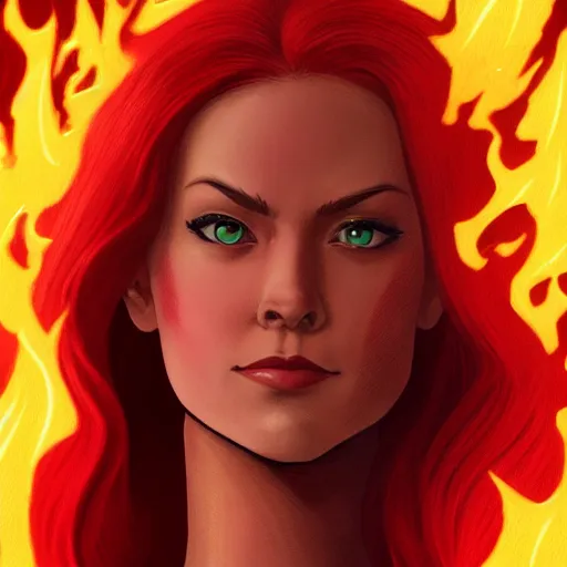 Image similar to jean grey, a full body portrait of jean grey, green eyes, red hair, phoenix rising, flames, flying, comic, x - men, highly detailed, artstation, symetry, digital painting, vivid colors, realistic shaded perfect face, soft lighting, atmospheric, sharp focus, moody, in the style of alex ross, 8 k