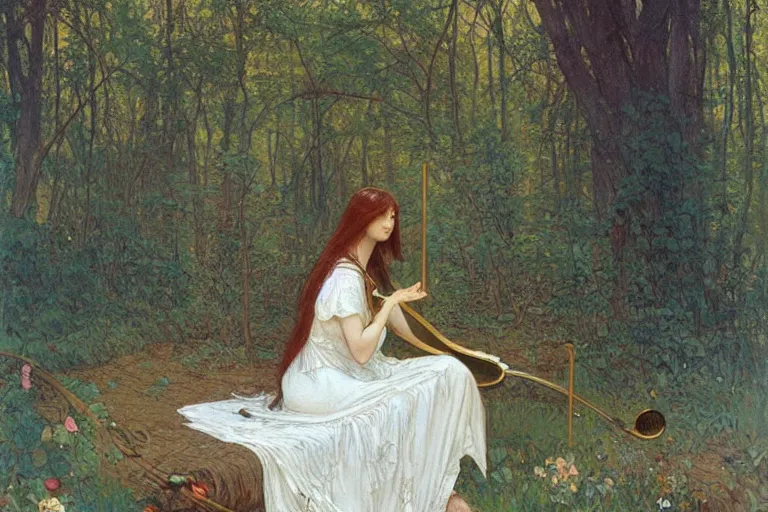 Image similar to a beautiful painting of the back view of a young lady with long dark hair in white linen dress sitting by the river in a grown forest, playing a golden harp, sunlight reflected on the river, Mucha, Moebius, Mohrbacher