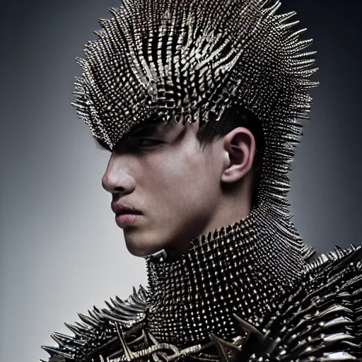 Prompt: a portrait of a beautiful young male wearing an alexander mcqueen armor made of spikes , photographed by andrew thomas huang, artistic