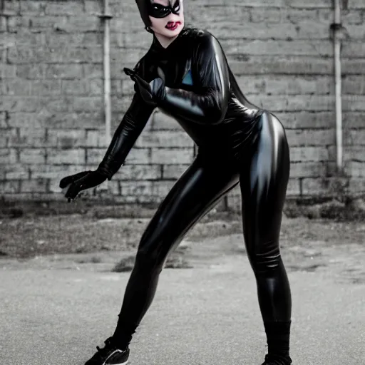 Prompt: gopnik as catwoman, adidas costume, 30mm lens photo portrait