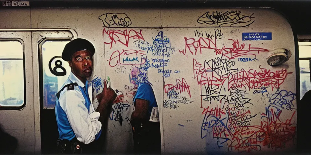 Image similar to new york subway cabin 1 9 8 0 s inside all in graffiti, policeman closeup, coloured film photography, christopher morris photography, bruce davidson photography