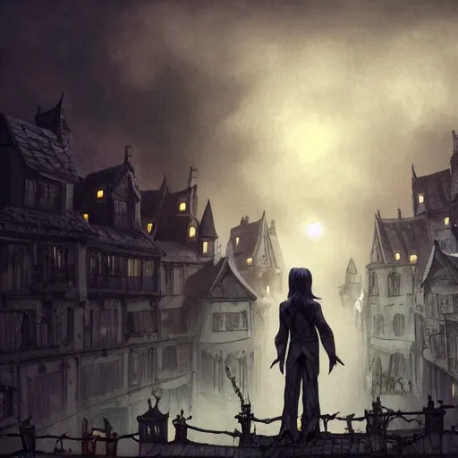 Image similar to a vampire stands on top of a village roof, looks down on street, night, fantasy, concept art, intricate detail, gothic