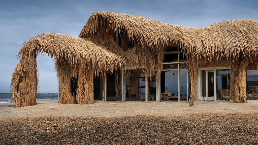 Prompt: architectural photography of a house made of driftwood, natural and organic and flowing, on the coast, wide angle, shot from a low angle, great lighting, cinematic. inhabited by a family of anthropomorphic capybaras.