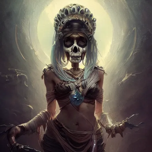 Image similar to a beautiful portrait of a skull goddess by Greg Rutkowski and Raymond Swanland, Trending on Artstation, ultra realistic digital art