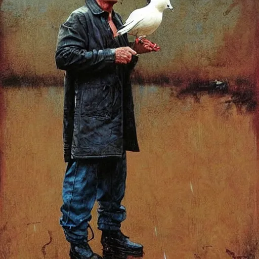 Prompt: rutger hauer as roy batty standing in the rain and holding a dove, painted by norman rockwell and tom lovell and frank schoonover