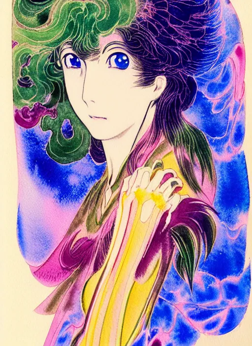 Prompt: vintage 7 0 s anime watercolor by hirohiko araki, a portrait of a lady with colorful face - paint enshrouded in an impressionist watercolor, representation of mystic crystalline rift fractals in the background by william holman hunt, art by cicley mary barker, thick impressionist watercolor brush strokes, portrait painting by daniel garber, minimalist simple pen and watercolor