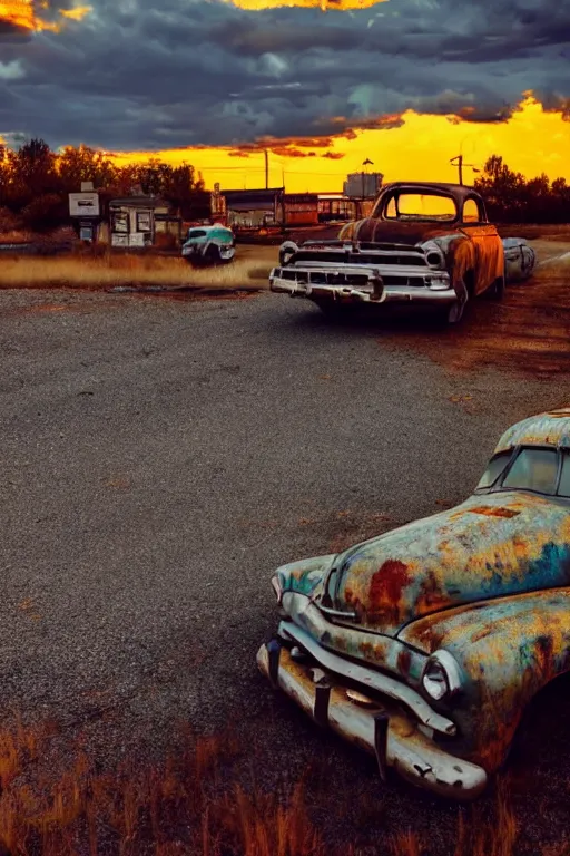 Image similar to a sunset light landscape with historical route 6 6, lots of sparkling details and sun ray ’ s, blinding backlight, smoke, volumetric lighting, colorful, octane, 3 5 mm, abandoned gas station, old rusty pickup - truck, beautiful epic colored reflections, very colorful heavenly, softlight