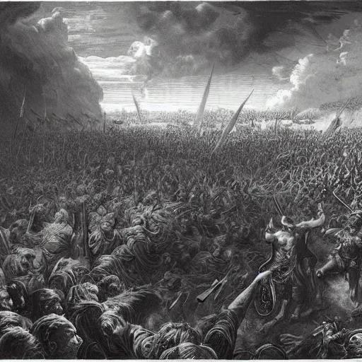 Prompt: thor at the battle of ragnarok by gustave dore