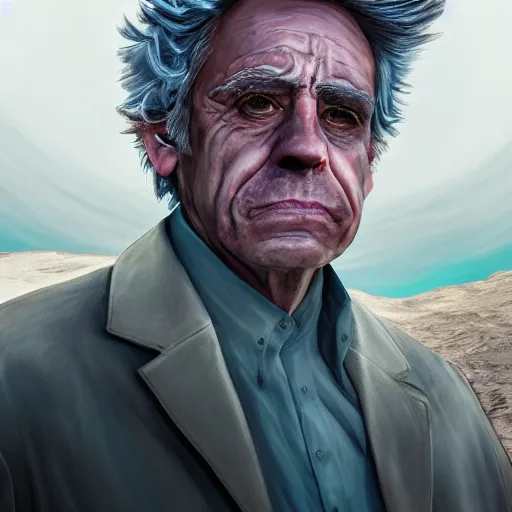 Image similar to portrait of real life rick sanchez. photo realism. dramatic lighting. alien planet background. 4 k