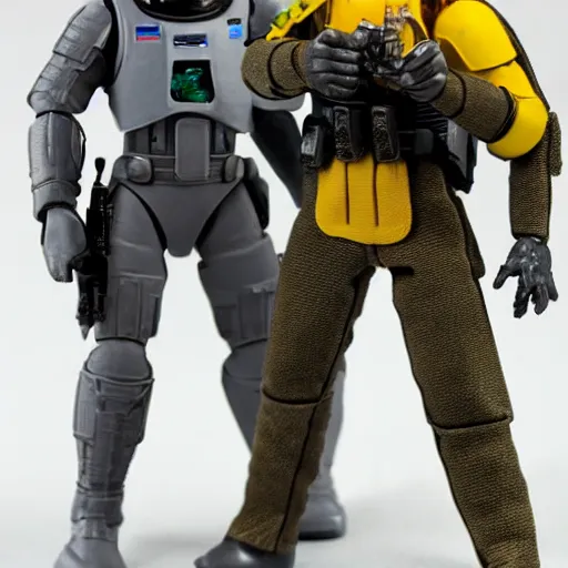 Image similar to a space soldier action figure with dark grey and yellow armor