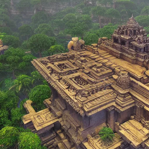 Image similar to 4 k unreal engine render of an ancient never seen before indian high detail palace and temple islands. complex architecture with intricate aetheral pilars. high detailed water. jungle background. afternoon light. hyper realistic render, digital illustration, trending on art station