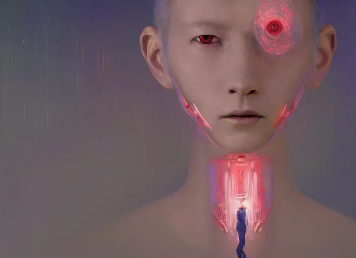 Image similar to portrait of robot cyborg, painterly, yoshitaka amano, miles johnston, agnes pelton, moebius, salmon khoshroo, lee griggs, timothy von rueden, odilon redon, volumetric lighting, miles johnston, james jean