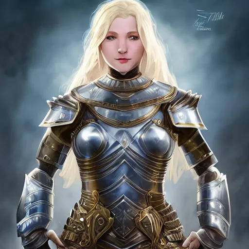 Prompt: fantasy paladin woman, symmetrical portrait, centered view, short blonde hair, blue eyes, level 1 plate armour, pale skin, 4k, by wlop, artgerm, andrei riabovitchev, nuri iyem, james gurney, james jean, greg rutkowski, highly detailed, soft lighting 8k resolution