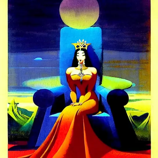 Image similar to a beautiful painting of a queen in a designer dress sitting on a throne, by bruce pennington, by eyvind earle, nicholas roerich, by frank frazetta, by georgia o keeffe, by dean cornwell, highly detailed, contest winner, eerie, ominous, tonalism, jewels, rich baghdad, oriental, desaturated, anime