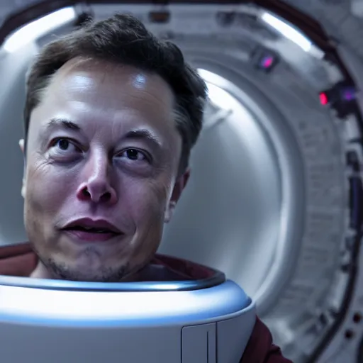 Prompt: elon musk in a spaceship, movie still, cinematic, photorealistic, extreme detail, facial features, in space, sharp focus, 8 k, anamorphic lens, lighting, dark