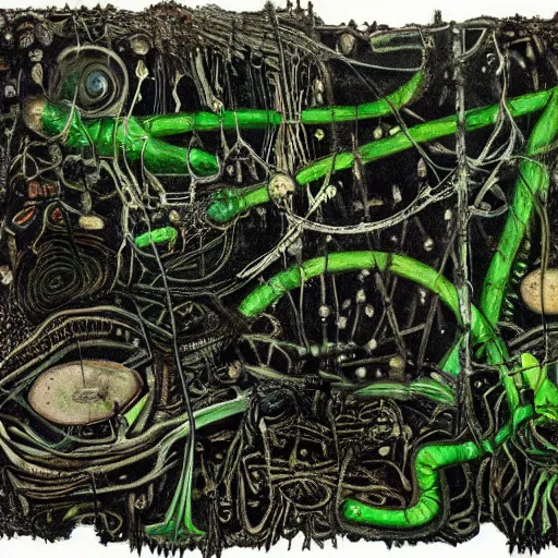 Image similar to a black and green biomechanical talisman of suffering, rotting, fungus, wings by maggi mcdonald, jackson pollock, mark rothko, sabina klein