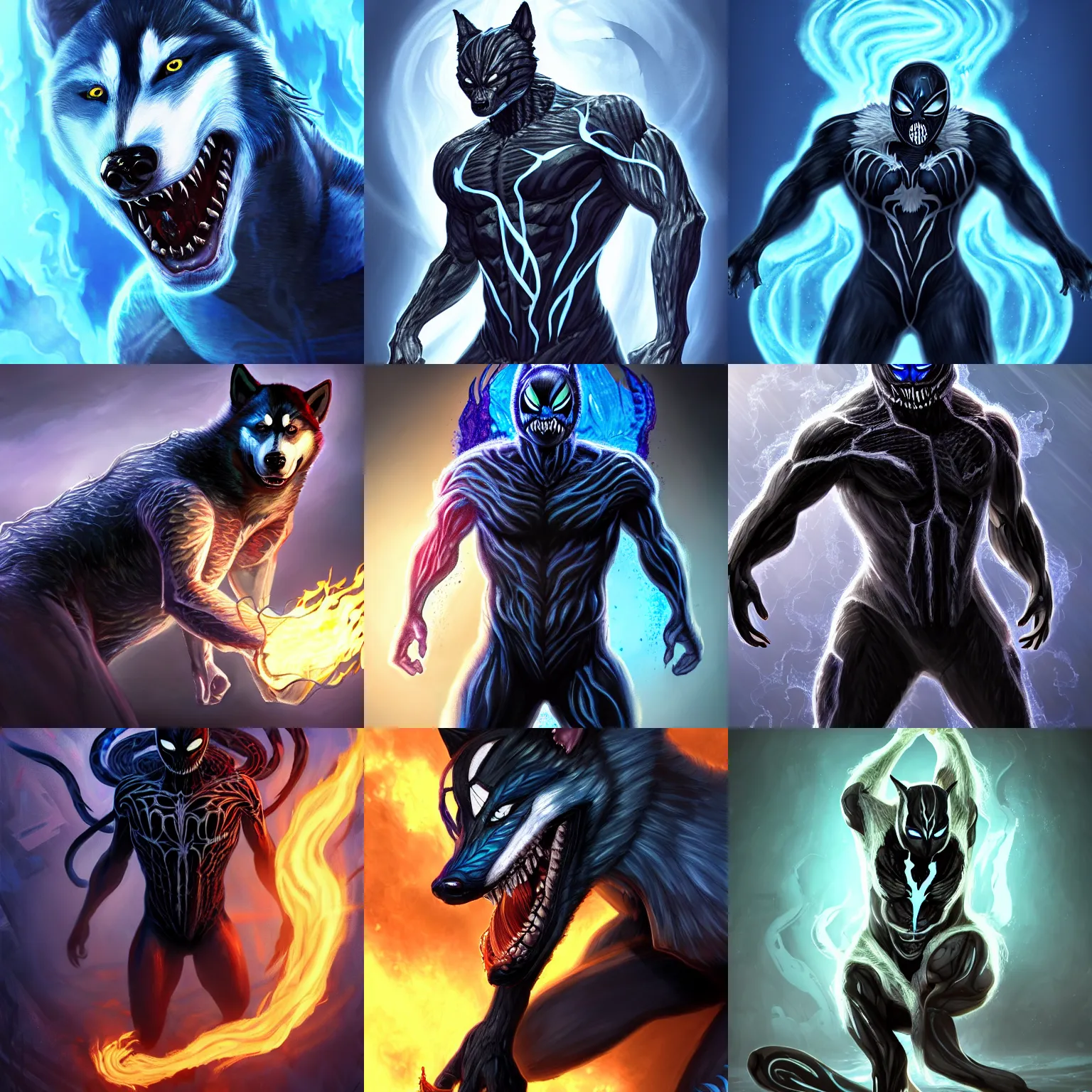 Prompt: human - husky - hybrid, infected by the venom - symbiote, breathing blue fire, gooey, marvel, digital art, concept art, highly detailed, 8 k hd, d & d, trending on artstation