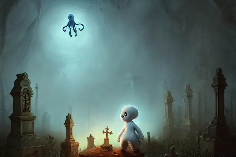 Prompt: casper the friendly ghost flying over a graveyard at midnight, playing with his weird looking ghost friends, cinestill, painted by james jean and gaston bussiere, very detailed and cute and cozy and transparent, backlight, fog, mist, trending on artstation