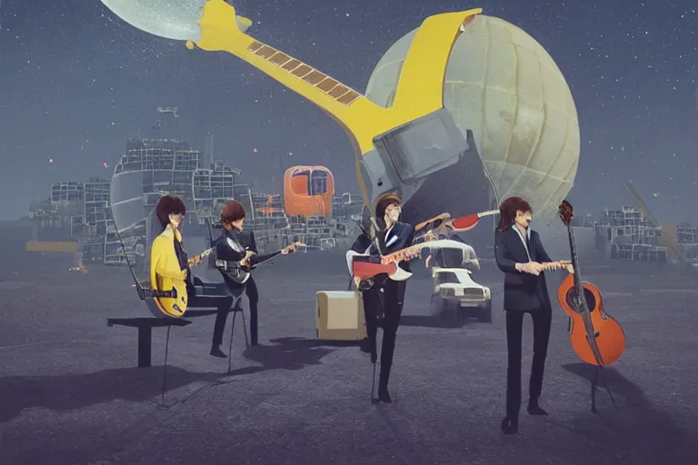 Image similar to the beatles performs with guitar on a yellow flying minivan, sci fi, art by mike winkelmann, trending on cgsociety, retrofuturism, darksynth, sci - fi