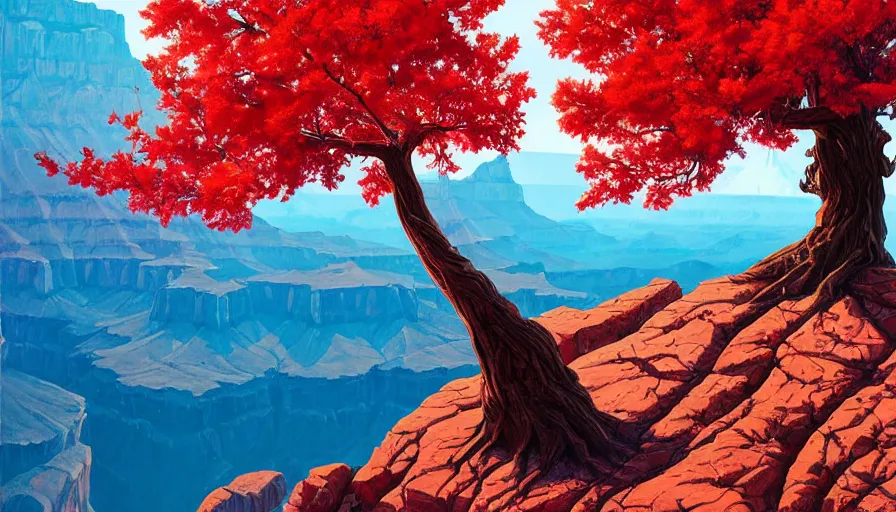 Image similar to single red maple tree growing in grand canyon, stream, tristan eaton, victo ngai, artgerm, rhads, ross draws, highly detailed, masterpiece