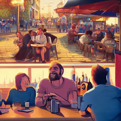 Prompt: a man playing on a computer, sitting outside at a crowded bar, his friends are frustrated, hyper detailed, uhd, 8 k, digital art, award winning, trending on artstation,