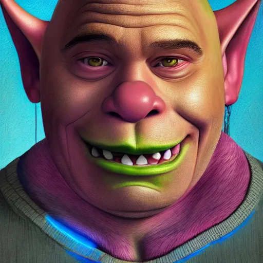 Image similar to a detailed painting of a shrek poorly disguised as vin diesel by Junji ito and Lisa frank, mobius, giger, escher, muted color scheme, artstation,8k,artstationHD,artstationHQ, cinematic, diffuse lighting