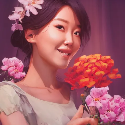 Image similar to portrait of hong jin - young, 홍진영, smiling with flowers in hands. sharp focus, cinematic pose, cinematic lighting, unreal engine render. art by josan gonzales and moebius and deathburger.