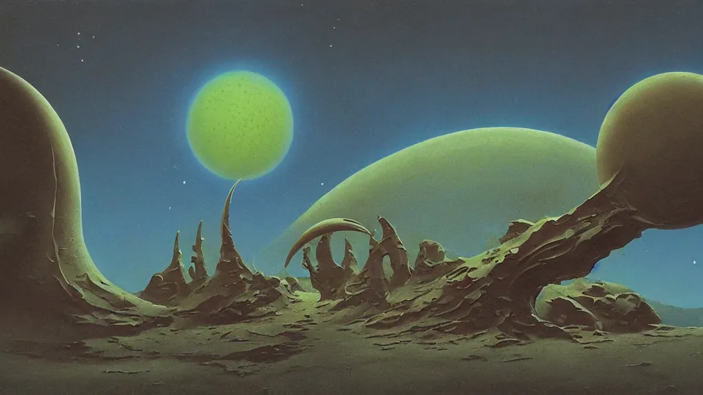 Prompt: mysterious whimsical sculpture of an alien crescent moon by paul lehr and john schoenherr, cinematic matte painting