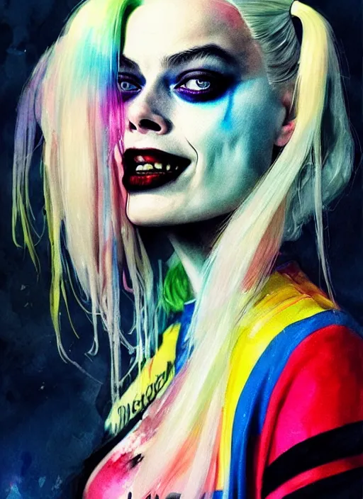 Prompt: 2 8 mm side portrait of beautiful suicide squad happy margot robbie with long white hair that looks like harley quinn, angry frown, glamour pose, watercolor, style by simon bisley, ismail inceoglu, wadim kashin, filip hodas, benedick bana, and andrew atroshenko, annie leibowitz