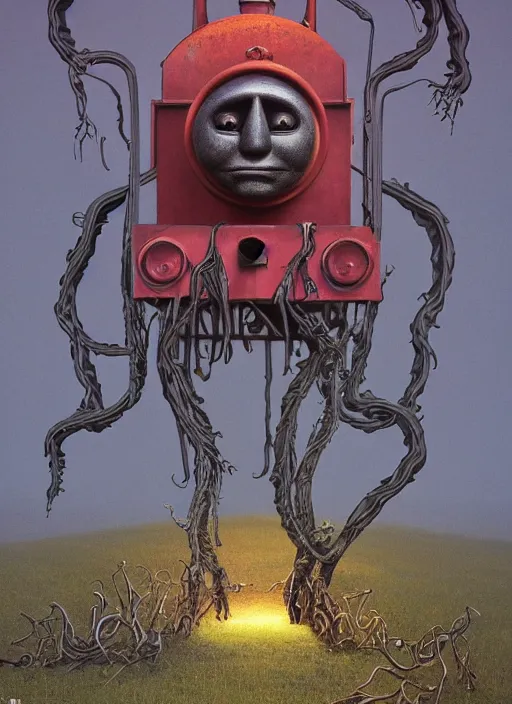 Image similar to thomas the tank engine in style of zdzisław beksinski, extremely dramatic lighting, 8 k, tendrils, black, darkness, black slime tendrils, infected, rust, body horror, thomas the train, thomas the tank engine face, horror,