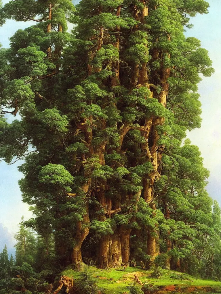 Prompt: Beautiful enormous treehouse by ivan shishkin and aivazovsky, oil on canvas, highly detailed, masterpiece