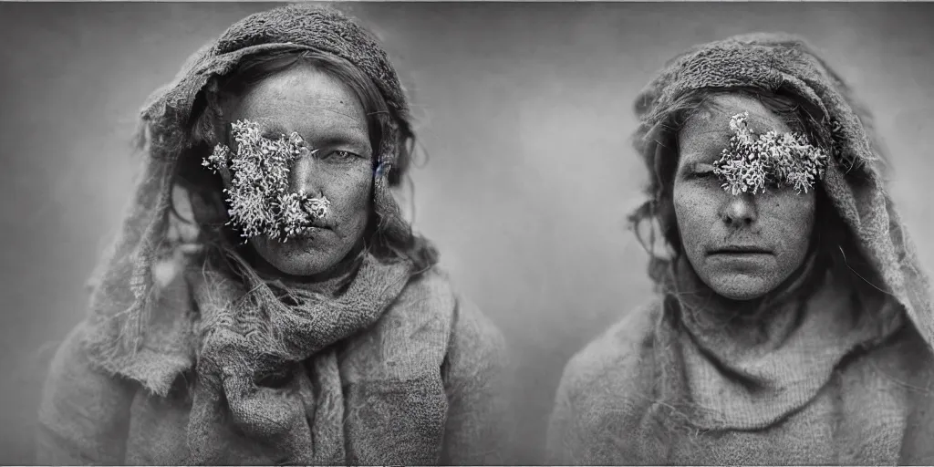 Prompt: portrait photography tyrolean female farmer, leaves and edelweiss growing from face, hay cloths, desaturated, fog, 1. 2 f, 3 5 mm, dark, lush, 1 9 2 0 s ghost photography